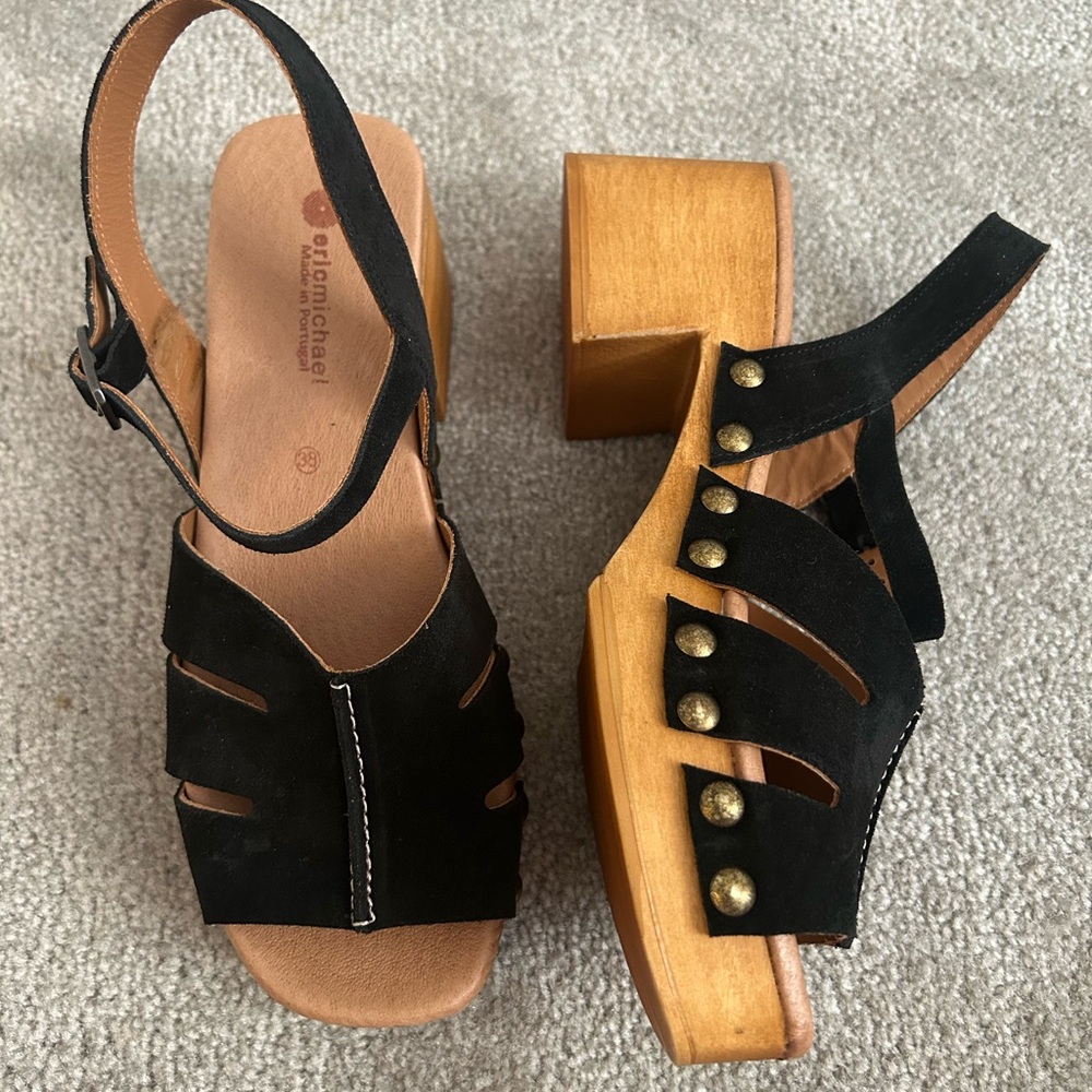 ERIC MICHAEL BLACK SUEDE SANDALS WITH WOOD PLATFORM HEEL SIZE 38